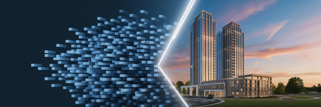 Abstract data blocks forming a building.