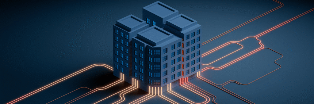 Abstract blueprint with flowing data streams.